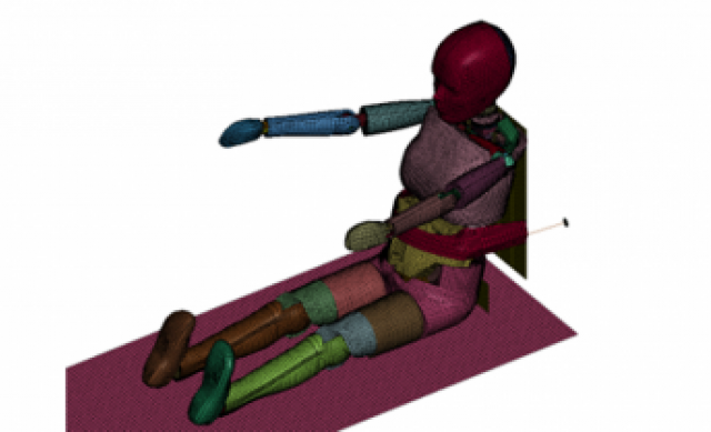 A digital model of a human sitting on the ground with arms extended.