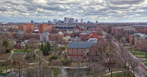 Ohio State campus and the Columbus skyline in the background