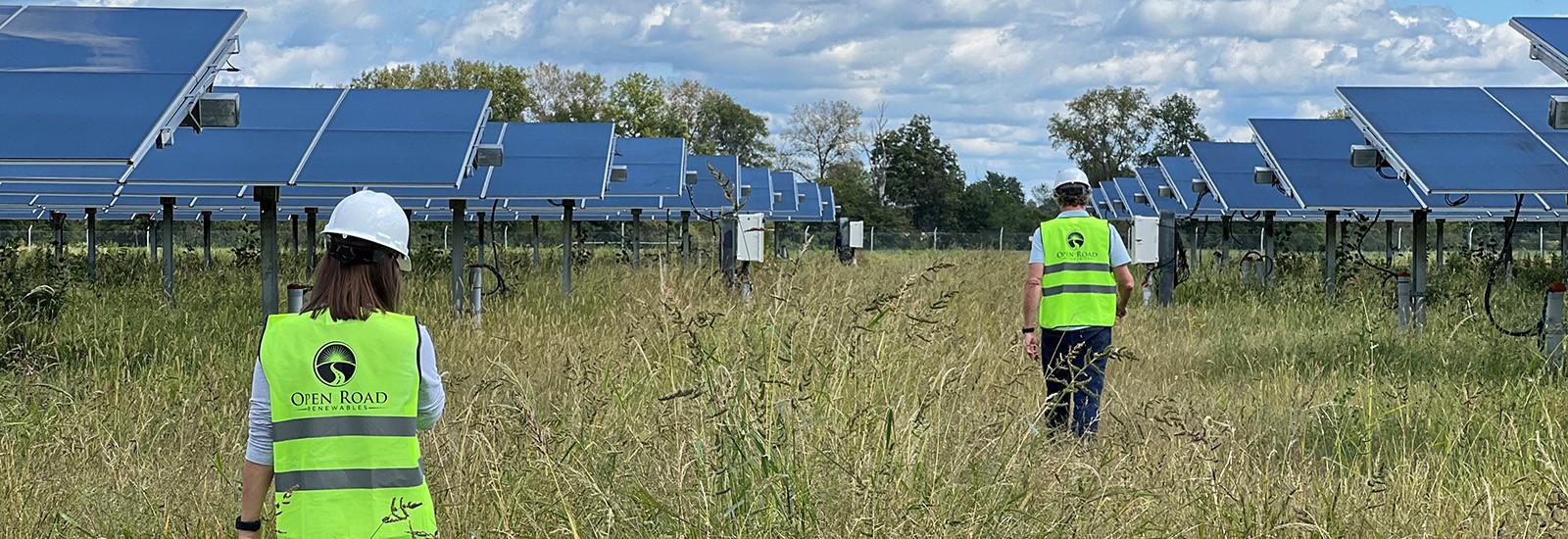 Workers in yellow vests walking through a field of solar panels. 