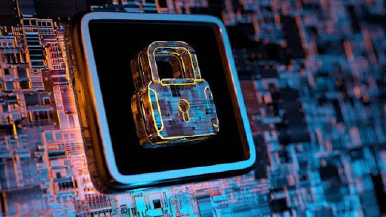 A digitally generated image of a lock placed onto a background of a computer chip board.